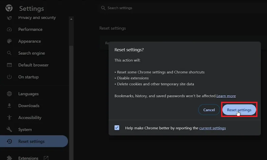 reset chrome settings