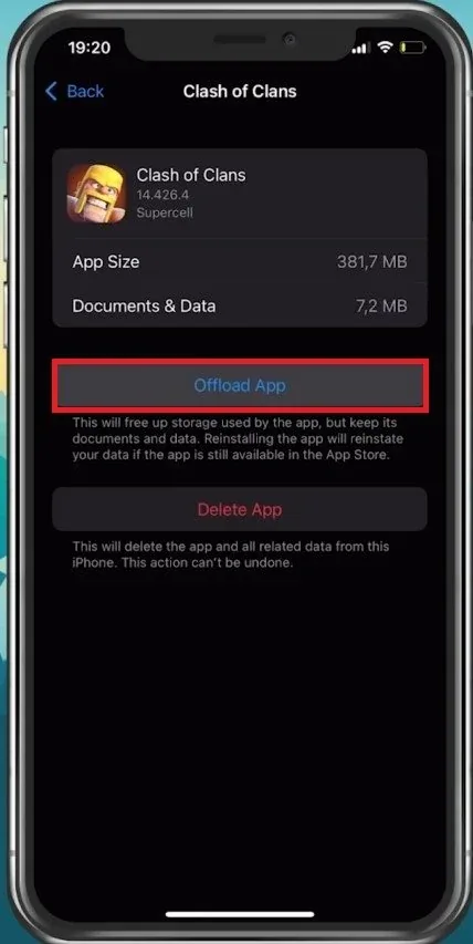 iPhone Settings > General > iPhone Storage > Clash of Clans