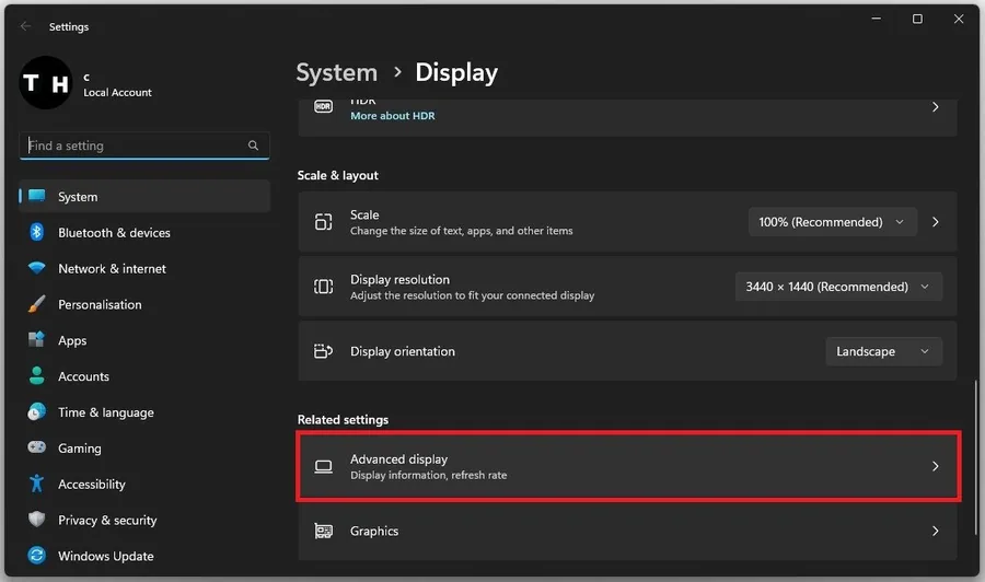 Windows Settings > System > Display > Advanced Display