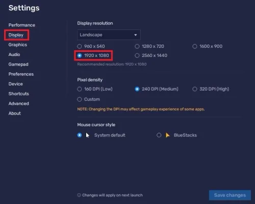 BlueStacks Display Settings