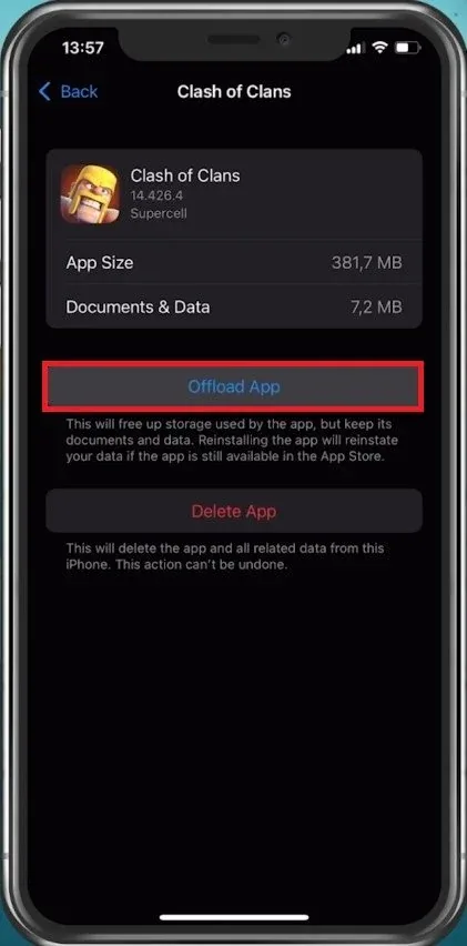 iPhone Settings > General > iPhone Storage > Clash of Clans
