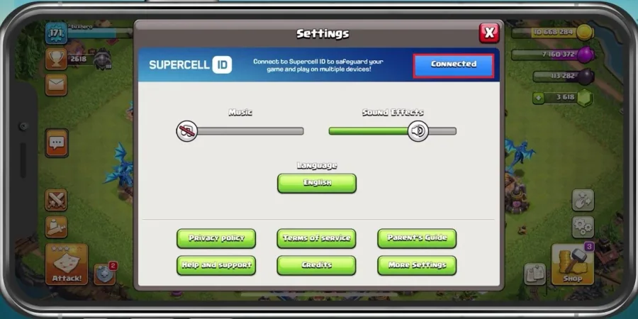 Clash Settings > Supercell ID