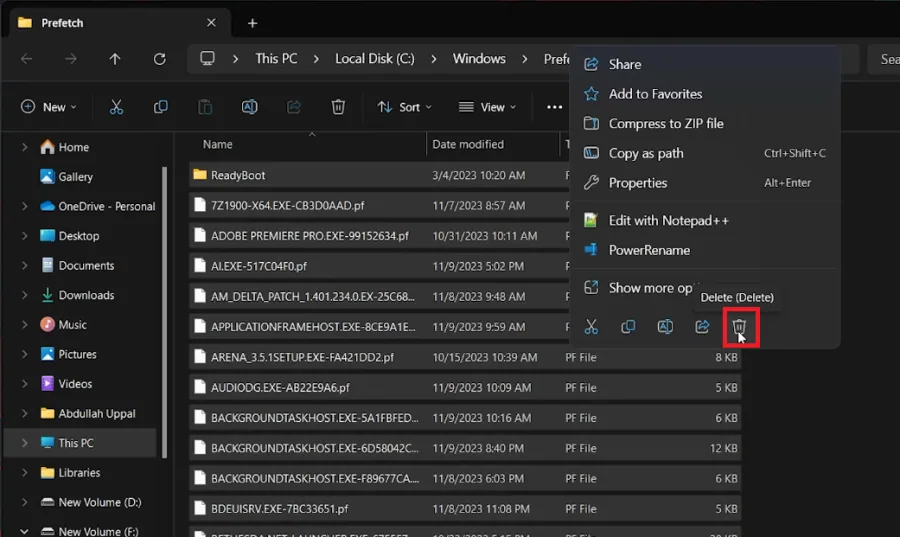 delete windows prefetch files