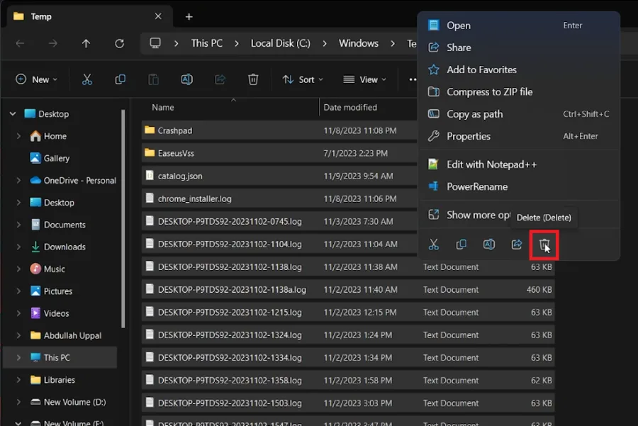 delete windows temp
