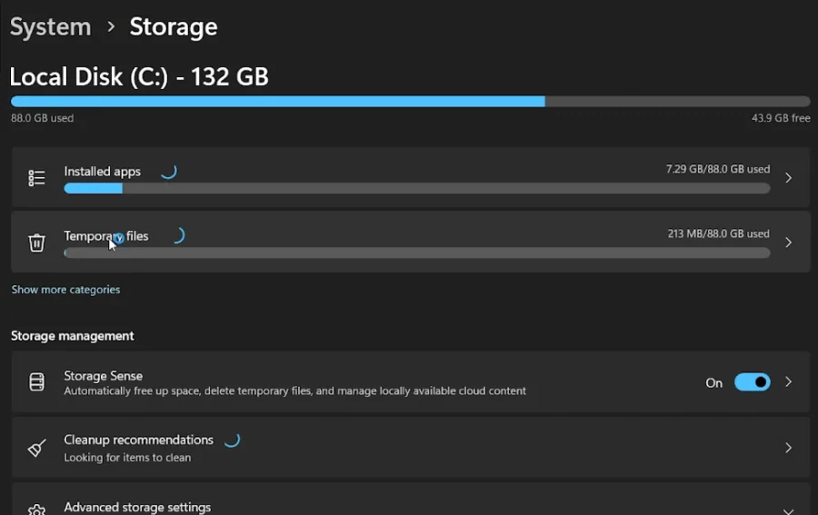 windows storage settings