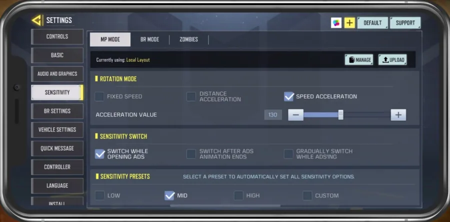 COD Mobile Settings > Sensitivity