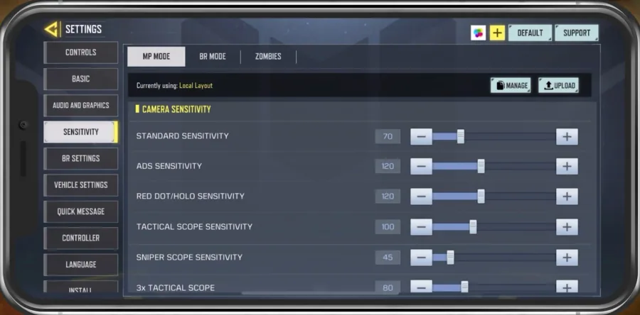 COD Mobile > Settings > Sensitivity > Preset