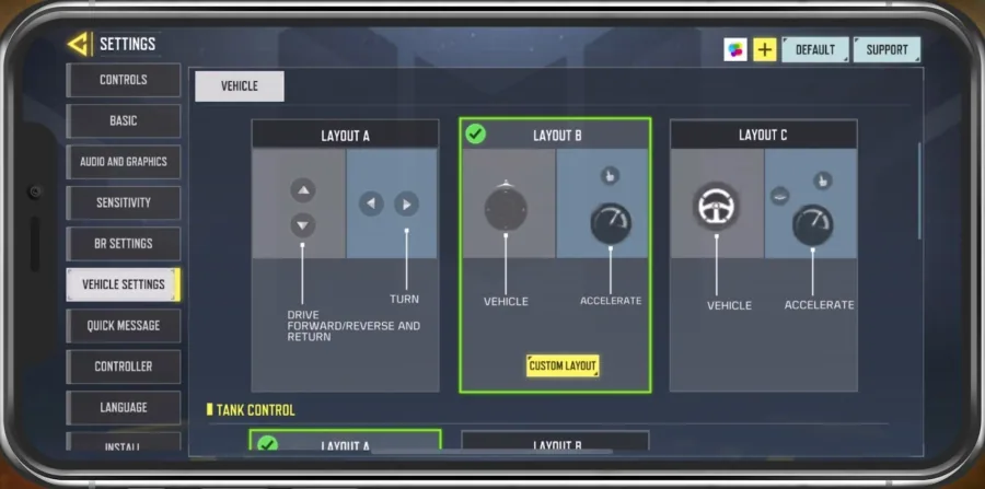 COD Mobile > Settings > Vehicle Settings