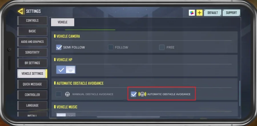 COD Mobile > Settings > Vehicle Settings > Automatic Obstacle Avoidance
