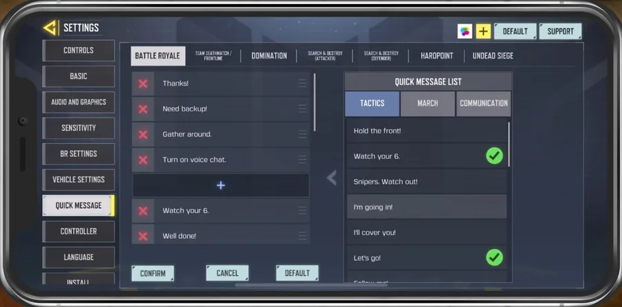 COD Mobile Settings > Quick Message