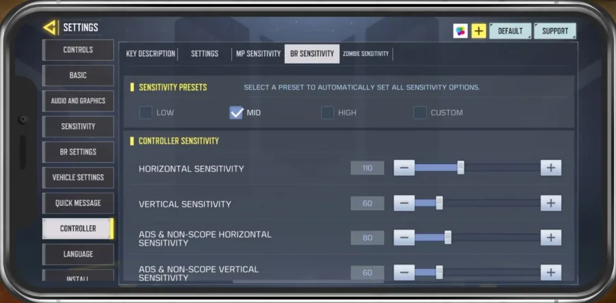 COD Mobile > Settings > Controller