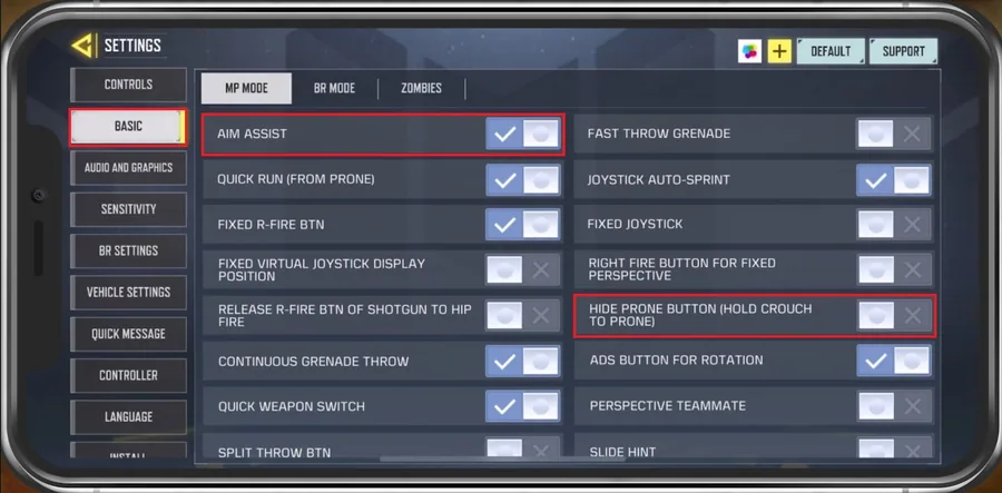 COD Mobile Settings > Basic