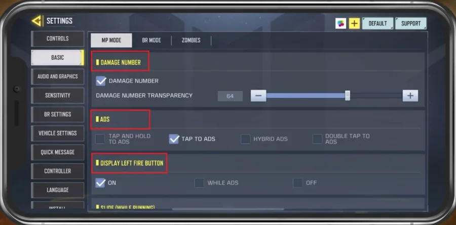 COD Mobile Settings > Basic > ADS