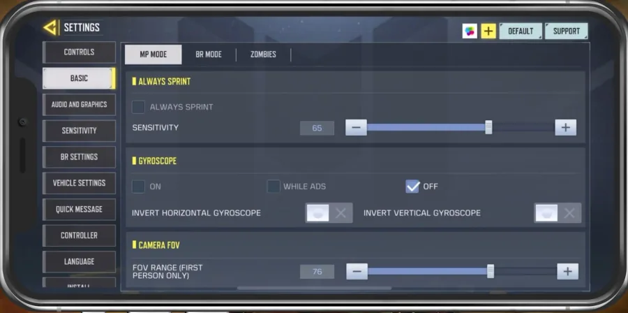 COD Mobile Setttings > Basic > Gyroscope
