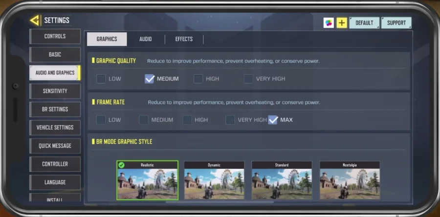 COD Mobile Settings > Audio and Graphics