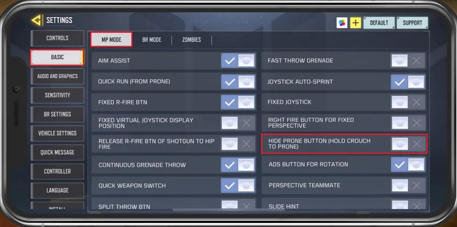 COD Mobile Settings > Basic > Hide Prone Button (Disable)