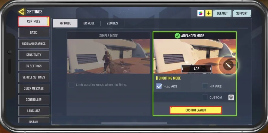 COD Mobile Settings > Controls > Custom Layout