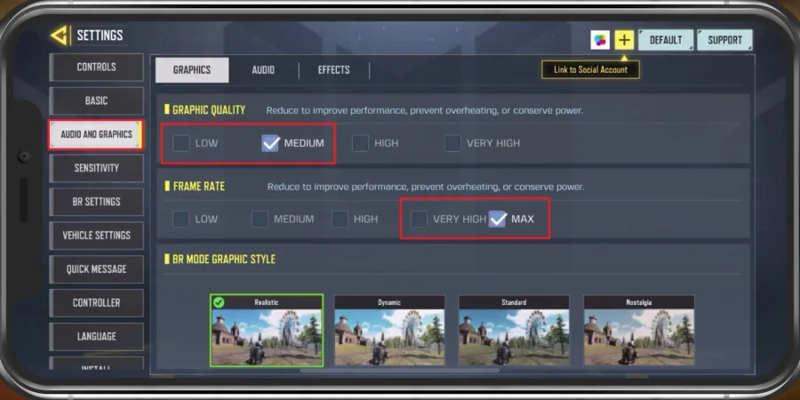 COD Mobile Settings > Audio and Graphics