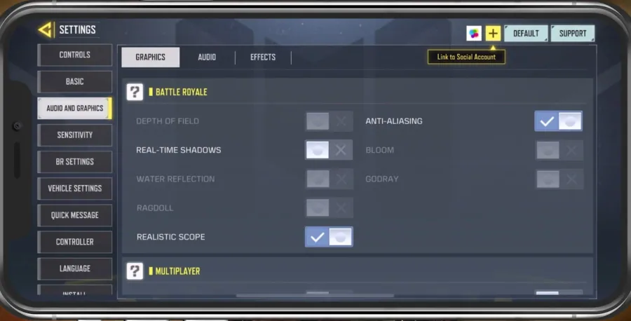 COD Mobile Settings > Audio and Graphics > Battle Royale
