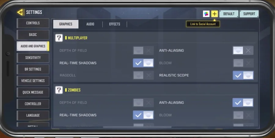 COD Mobile Settings > Audio and Graphics > Multiplayer