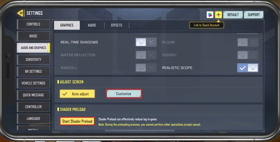 COD Mobile Settings > Audio and Graphics > Adjust Screen