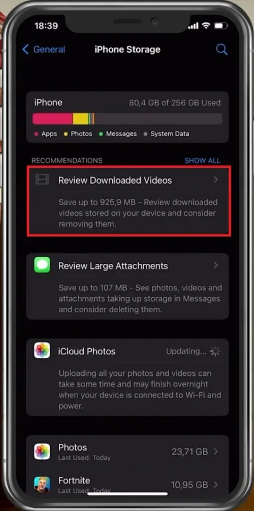 iPhone Settings > General > iPhone Storage