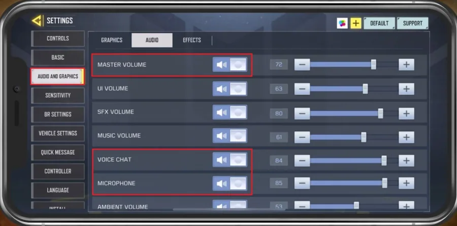 COD Mobile Settings > Audio and Graphics > Audio