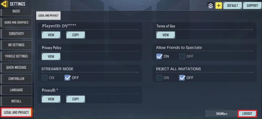 legal and privacy settings
