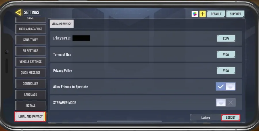 COD Mobile Settings > Legal and Privacy