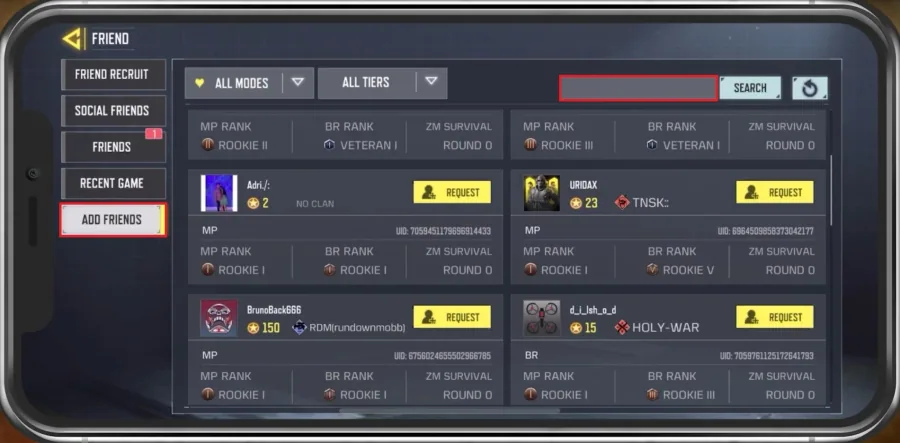COD Mobile Friend Section > Add Friends