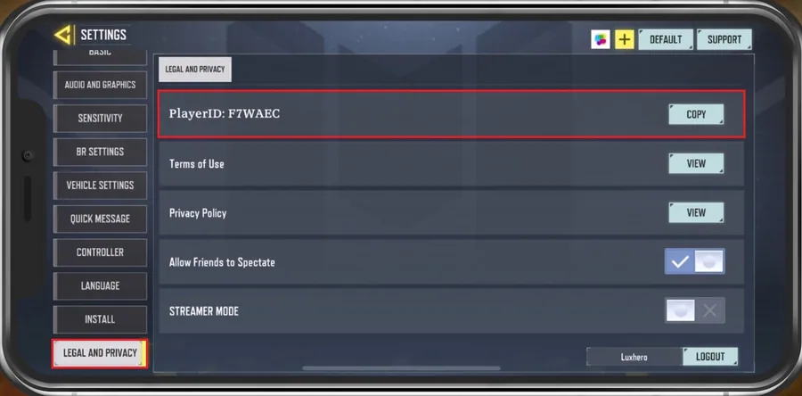 COD Mobile Settings > Legal & Privacy