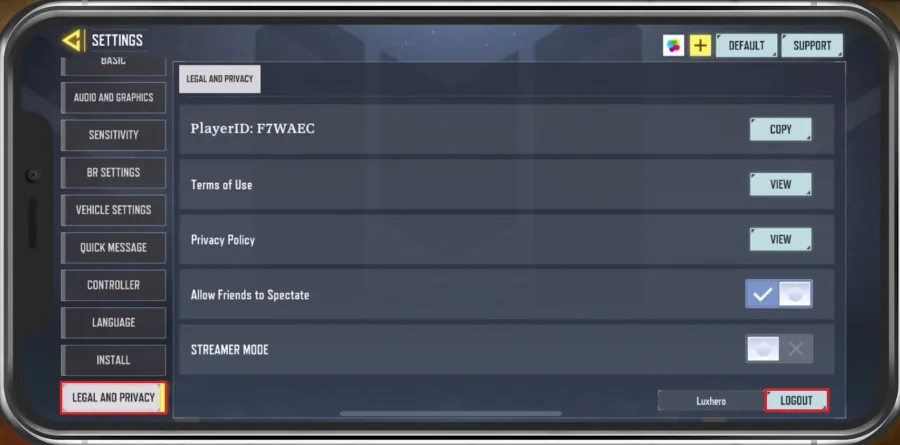 COD Mobile > Settings > Legal & Privacy > Logout