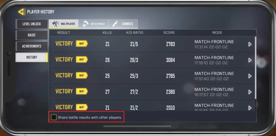 Player History > Share battle results with other players