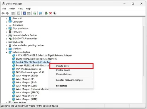 Device Manager > Network Adapters > Update Driver