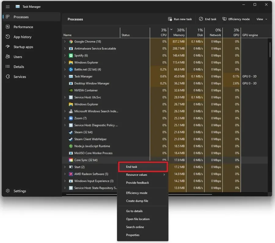 Task Manager > Processes > End Task