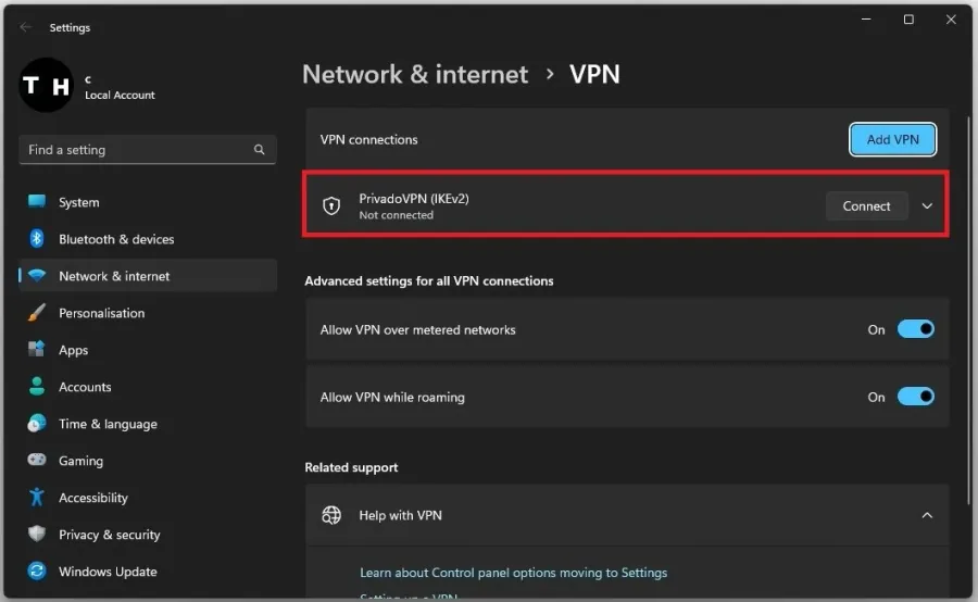 Windows Settings > Network & Internet > VPN