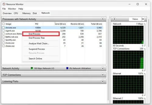 Resource Monitor > Network > Processes with Network Activity