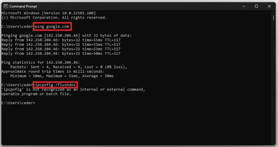 Use the commands ping google.com & ipconfig /flushdns