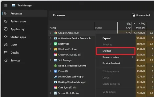 Task Manager > Processes > End Task