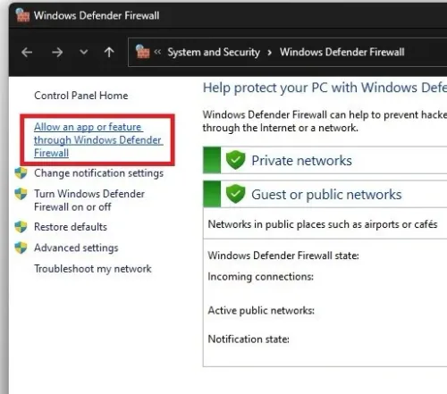 Windows Defender Firewall > Allow an app through Firewall