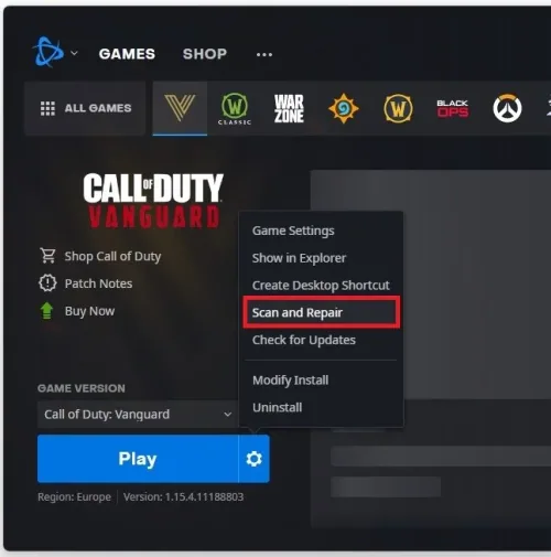 Battle.net > Call of Duty Vanguard > Scan and Repair