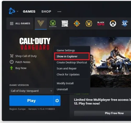 Battle.net > Call of Duty Vanguard > Show in Explorer