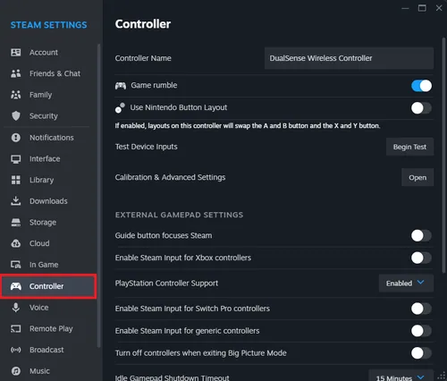 controller settings