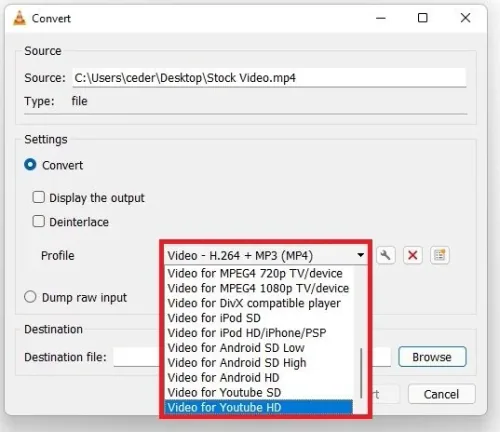 Choose the correct video profile for the export