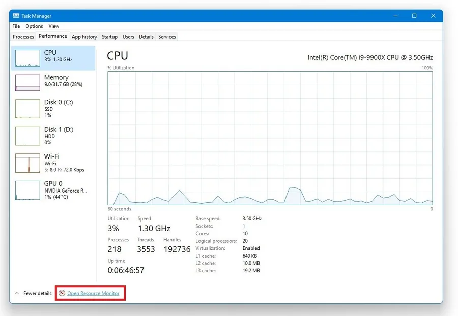 Task Manager > Performance > Resource Monitor