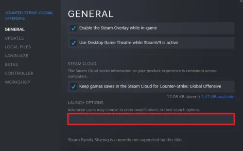 Steam Library > CSGO > Properties > General