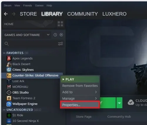 Steam Library > Counter-Strike Properties