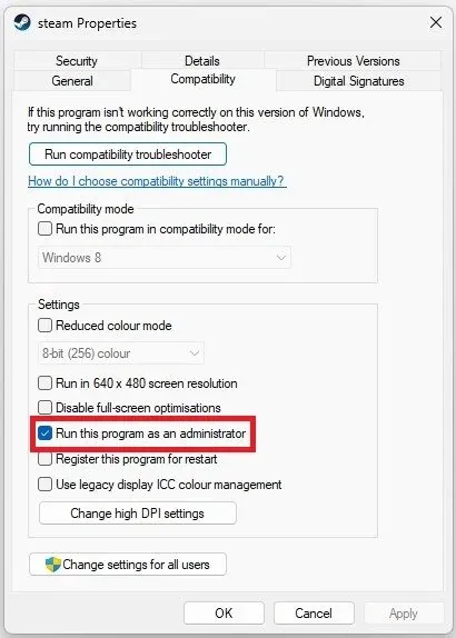 Steam Properties > Compatibility > Run as an Admin