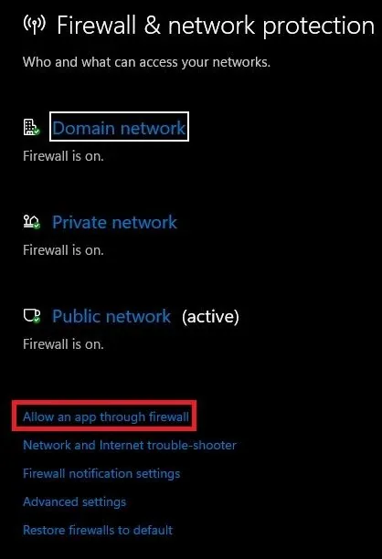 Firewall & Network Protection > Allow an app through firewall