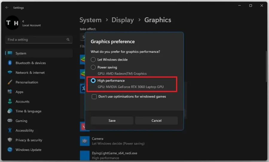 Graphics Preference > High Performance